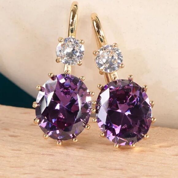 💜Elegant 10k Gold Vermeil Oval Cut Purple Amethyst Cz Diamond Hook Drop Earrings - Picture 13 of 16